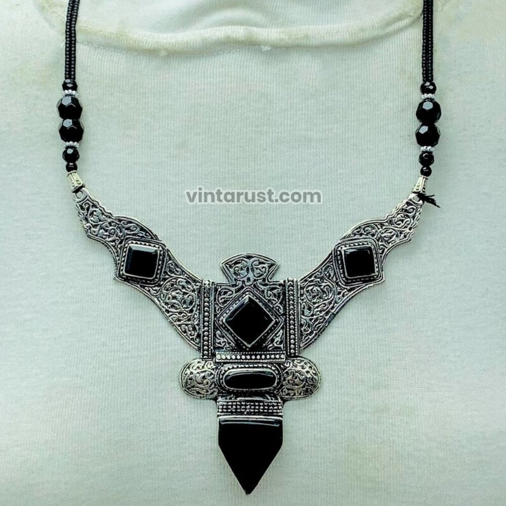 Antique Black Nepalese Pendant Necklace: Boho Tribal Jewelry
